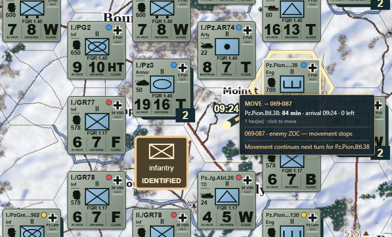 Close view of counters: panzer engineer, panzergrenadier, tank and artillery battalions with attack, defense and mobility class.