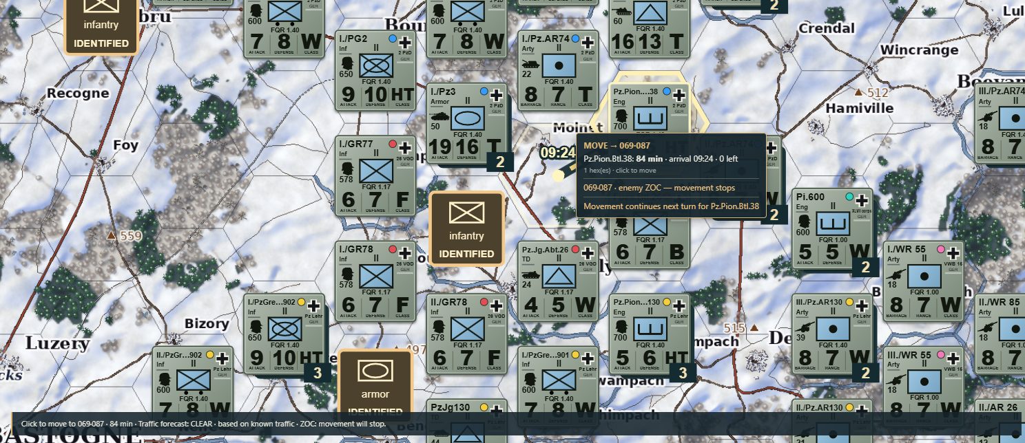 Winter battlefield near Bastogne, with roads, settlements and German battalion counters.